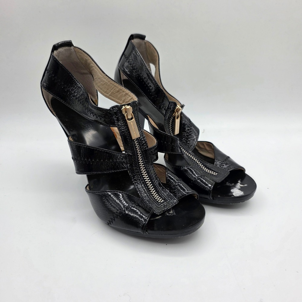 Michael Kors‎ Black Patent Leather Front Zip Open Toe Caged Heels Sandals 8M